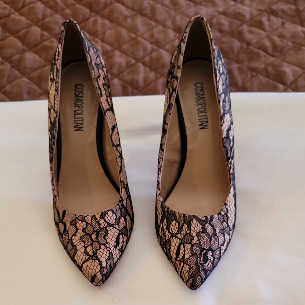 Cosmopolitan Black Lace Heels on Tan